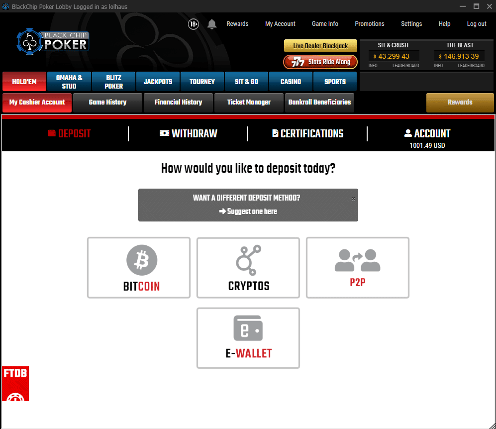 Black Chip Poker- Cash Deposit Black Chip Poker- Cash Deposit