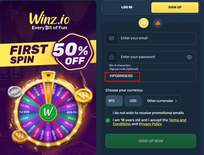 winz.io casino bonus code registration